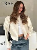 Women Elegant Solid Jacket Long Sleeve Button Slim Cropped Coat Female Casual Chic Tops Woman Streetwear