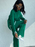 Casual Two Piece Set Women 2023 Spring Crop Sweater   High Waist Lady Suits Knit Panelled Side Split Trouser Suits Female