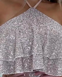 Halter Ruffles Allover Sequin Top & Skorts Set