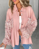 Contrast Sequin Tassel Design Fuzzy Patchwork Shacket