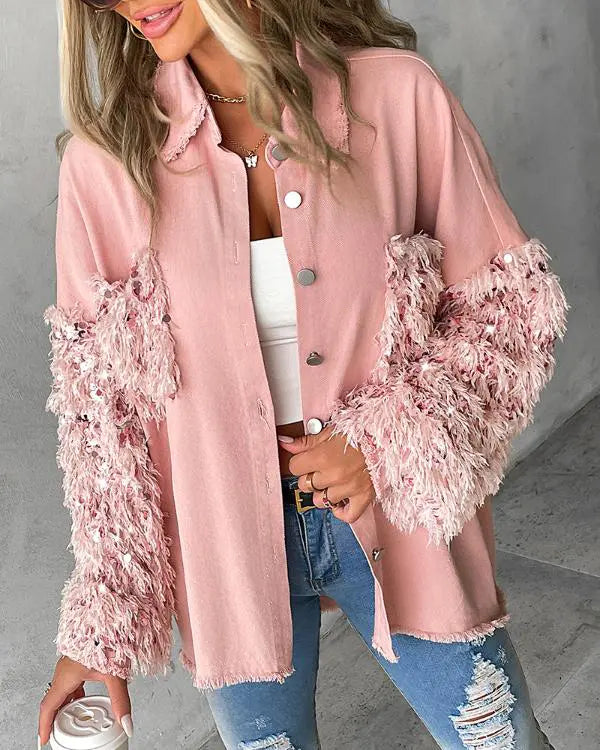 Contrast Sequin Tassel Design Fuzzy Patchwork Shacket