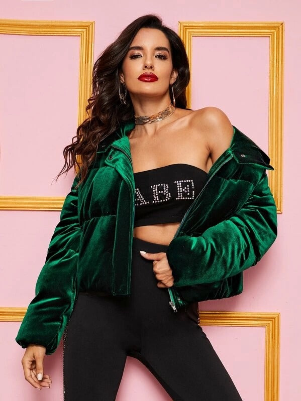 Zipper Front Velvet Padded Jacket