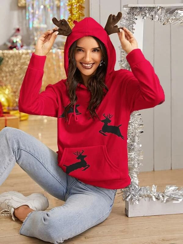 Christmas New Year Dear Print Kangaroo Pocket Hoodie