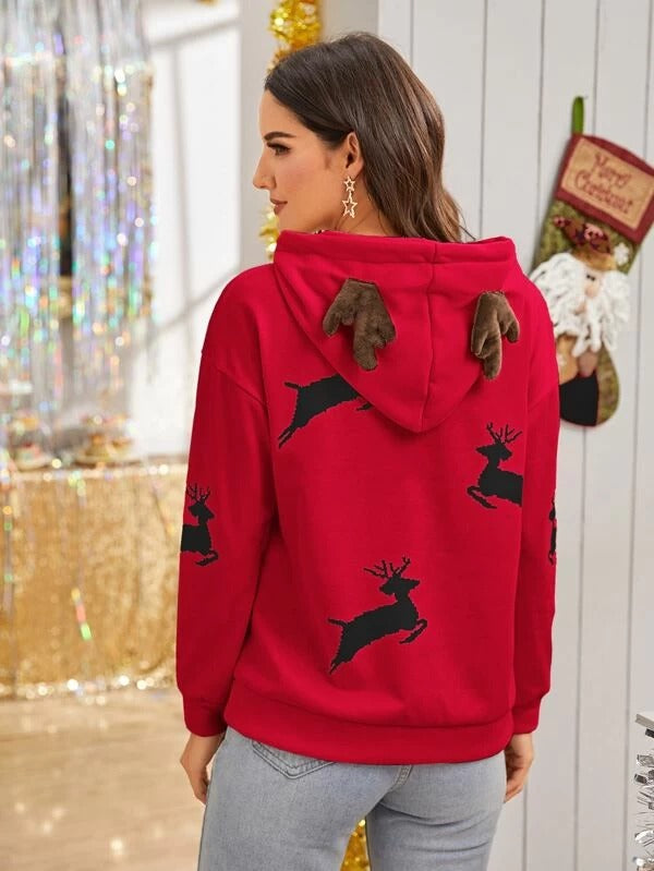 Christmas New Year Dear Print Kangaroo Pocket Hoodie