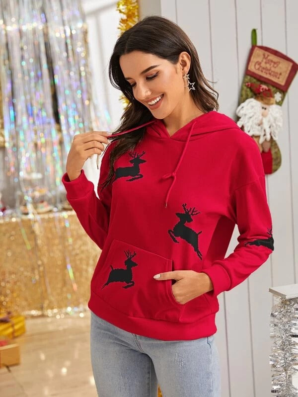 Christmas New Year Dear Print Kangaroo Pocket Hoodie