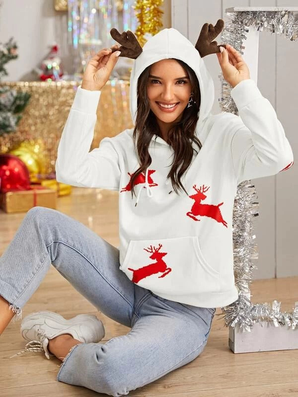 Christmas New Year Dear Print Kangaroo Pocket Hoodie