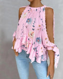 Floral Print Ruffle Hem Split Sleeve Top