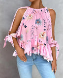 Floral Print Ruffle Hem Split Sleeve Top