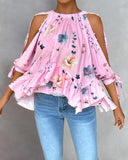 Floral Print Ruffle Hem Split Sleeve Top