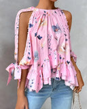 Floral Print Ruffle Hem Split Sleeve Top