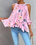 Floral Print Ruffle Hem Split Sleeve Top