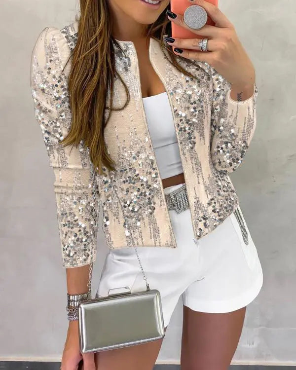 O-neck Long Sleeve Zip-up Sequin Coat