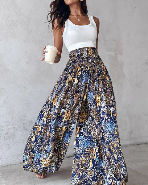 Boho Floral Print Shirred High Waist Wide Leg Pants