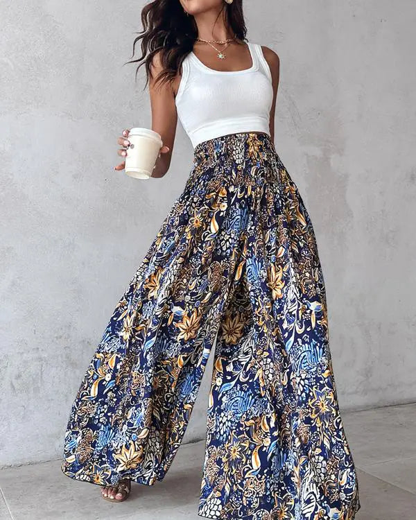 Boho Floral Print Shirred High Waist Wide Leg Pants