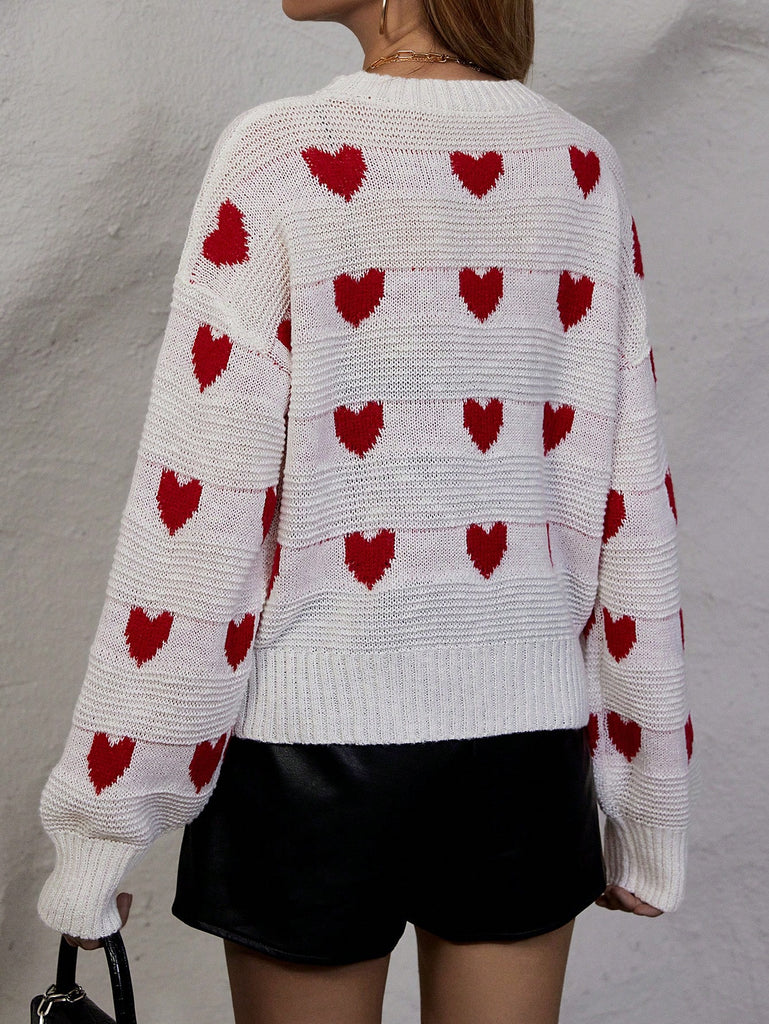 Heart Pattern Mock Neck Drop Shoulder Sweater
