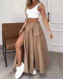 Adjustable Waistbelt Zipper High Slit Maxi A-line Skirt