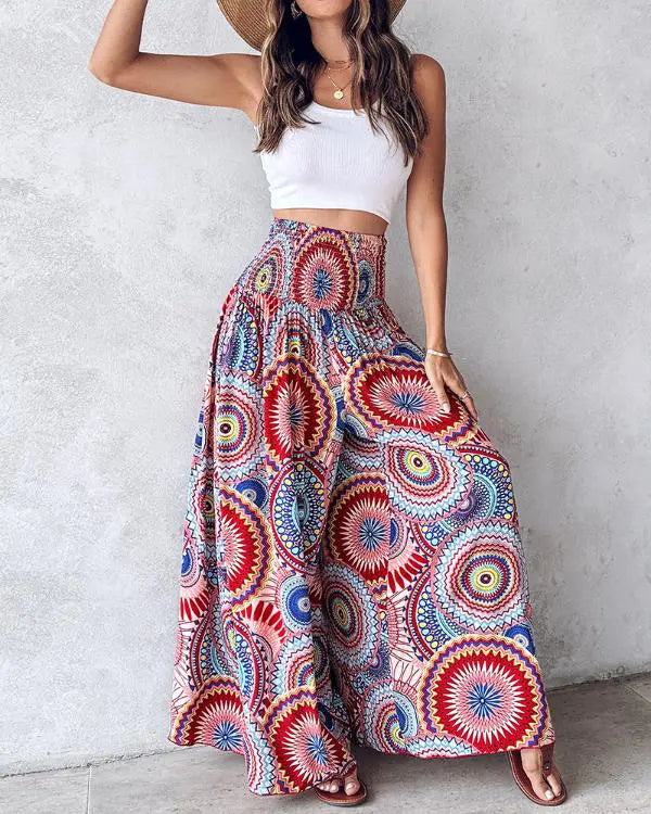 Boho Floral Print Shirred High Waist Wide Leg Pants