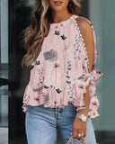 Floral Print Ruffle Hem Split Sleeve Top