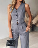 Striped Buttoned Vest Top & Pocket Design Pants Set