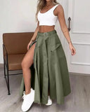 Adjustable Waistbelt Zipper High Slit Maxi A-line Skirt