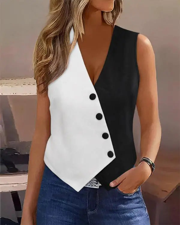 Colorblock Buttoned V-Neck Vest Top