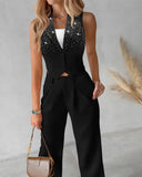 Rhinestone Buttoned Vest Top & Straight Leg Pants Set