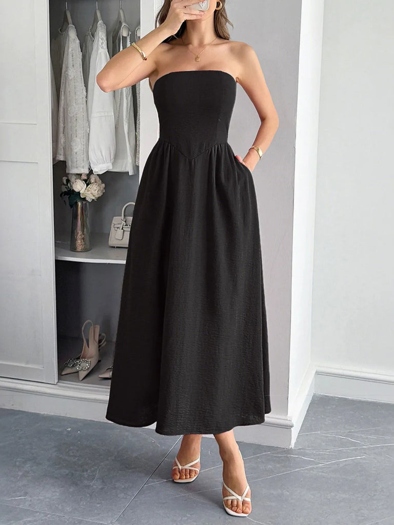 Strapless A-Line Midi Dress with Pockets Divahotcouture Strapless A-Line Midi Dress with Pockets Divahotcouture