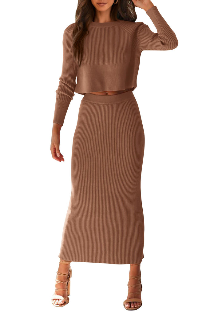 Piece Set Rib Knit Long Sleeve Crop Top Maxi Bodycon Skirt Casual Outfits
