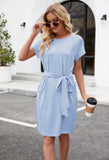 Women's Summer Striped Short Sleeve T Shirt Dress Casual Tie Waist Midi Dress