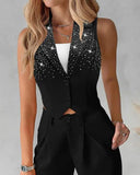 Rhinestone Buttoned Vest Top & Straight Leg Pants Set