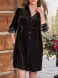 High-Low Button Up Long Sleeve Knee Length Dress