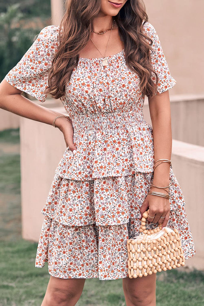Women's Floral Summer Short Dress Square Neck Short Sleeve Tiered Ruff Divahotcouture Women's Floral Summer Short Dress Square Neck Short Sleeve Tiered Ruff Divahotcouture
