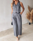 Striped Buttoned Vest Top & Pocket Design Pants Set