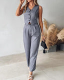 Striped Buttoned Vest Top & Pocket Design Pants Set