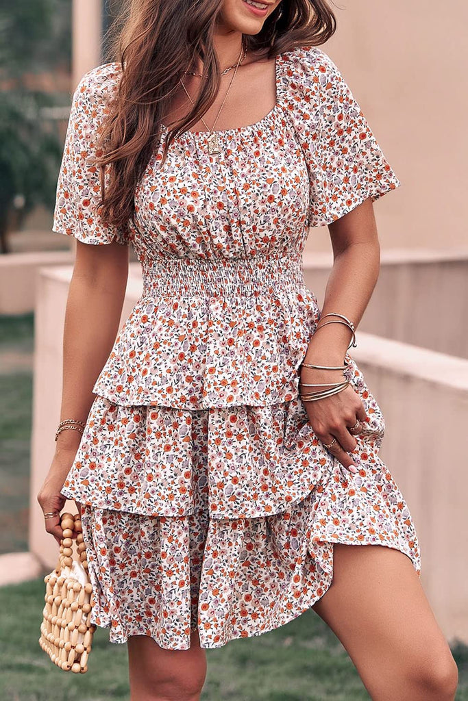 short summer dress Women's Floral Summer Short Dress Square Neck Short Sleeve Tiered Ruff – Divahotcouture