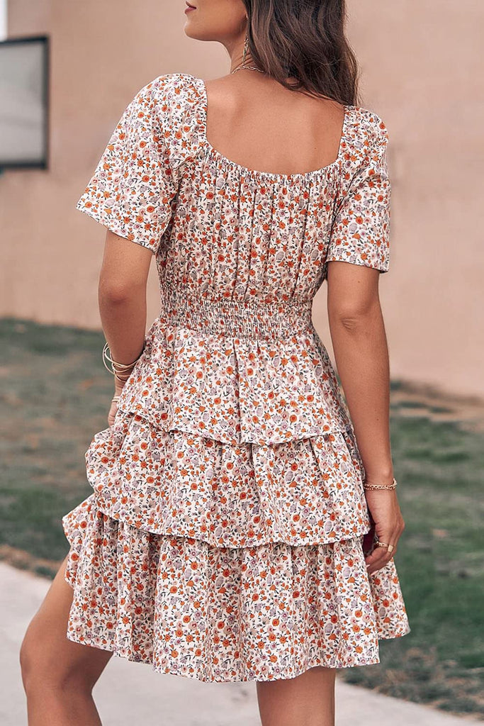 Women's Floral Summer Short Dress Square Neck Short Sleeve Tiered Ruff Divahotcouture Women's Floral Summer Short Dress Square Neck Short Sleeve Tiered Ruff Divahotcouture