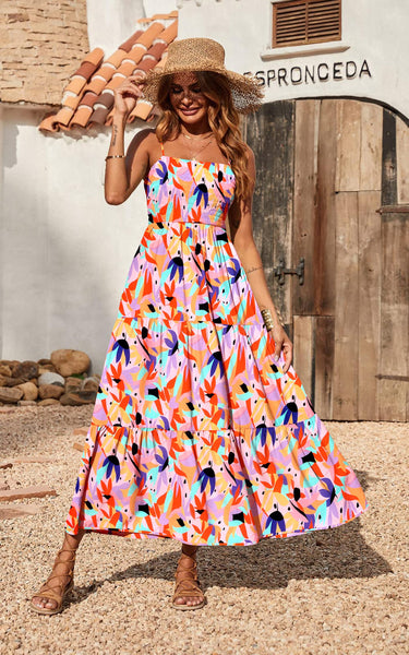 Maxi Dress for Women Spring Casual Spaghetti Strap Floral Sundress Flared Boho F