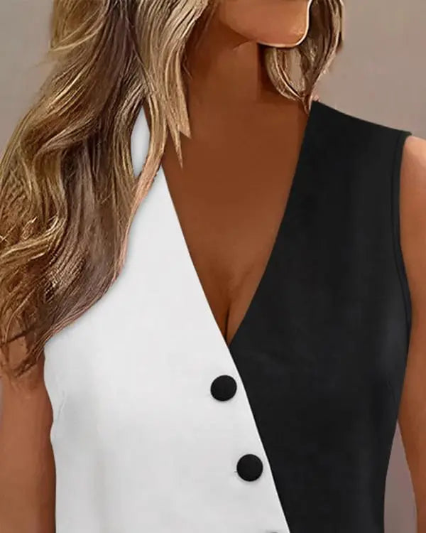 Colorblock Buttoned V-Neck Vest Top
