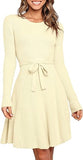 Women's Long Sleeve Midi Dress Crewneck Tie Waist A-Line Swing Casual Bodycon Ribbed Knit  Fall Sweater Dress