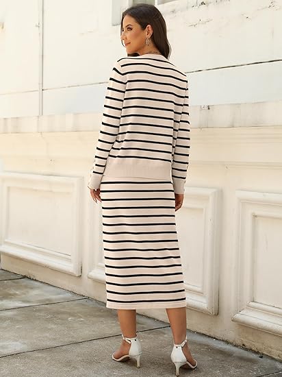2 Piece Skirts Sets For Women Fall Fashion 2025 Striped Sweater Midi Dress Knit Lounge Travel Outfits Winter Clothes