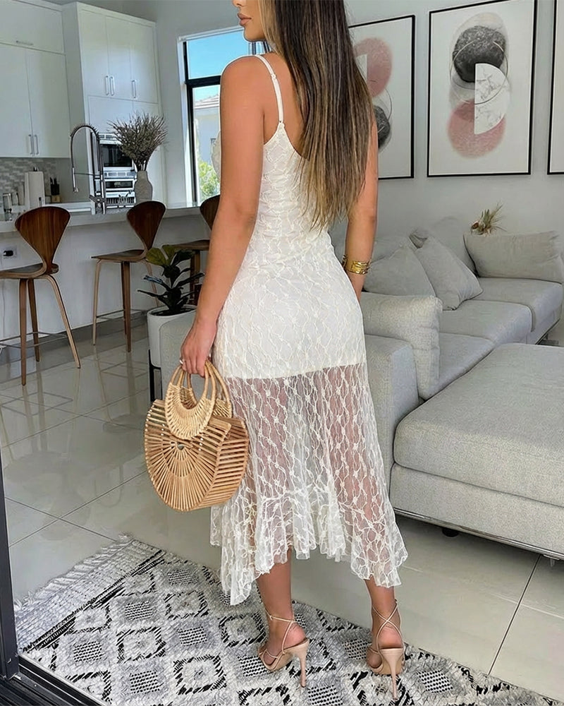 V-Neck Adjustable Spaghetti Straps Tie Front Asymmetrical Hem Dress Casual Hollow-out Front Backless Textured Lace Overlay Party Dress(7-15 Shipping Days )