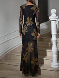 Women's Floral Mesh Maxi Dresses Long Sleeve Elegant Formal Fall Wedding Guest Dress Cocktail Slimming Dress
