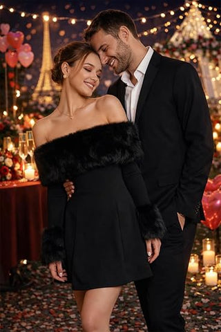 Women's Off Shoulder Long Sleeve Fur Trim A-Line Party Club Mini Dress