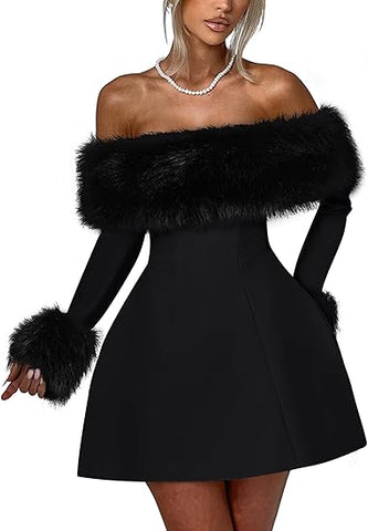 Women's Off Shoulder Long Sleeve Fur Trim A-Line Party Club Mini Dress