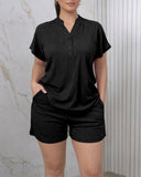 Women's Two Piece Ribbed Lounge Set Short Sleeve Notch Neck Top and Shorts Set with Pockets