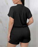 Women's Two Piece Ribbed Lounge Set Short Sleeve Notch Neck Top and Shorts Set with Pockets