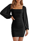 Women Elegant Square Neck Lantern Long Sleeve Mini Ruched Bodycon Dress Stretch Mesh Slim Party Cocktail Dresses