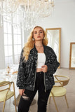 Womens Sequin Jacket Plus Size Sparkle Long Sleeve Jackets Front Zip Loose Casual Blazer Bomber Jacket with Pockets