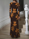 Women's Floral Mesh Maxi Dresses Long Sleeve Elegant Formal Fall Wedding Guest Dress Cocktail Slimming Dress