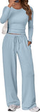 Women's 2 Piece Matching Lounge Set Long Sleeve Slightly Crop Top Wide Leg Pants Casual Sweatsuit